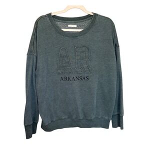 Arkansas Graphic Sweatshirt Women L Green Faded Fleece Pullover AR Applique